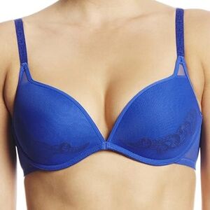 Natori Sheer Seduction Deep Plunge Push-Up Lacy Accent Bra Ming Blue Size 32DD